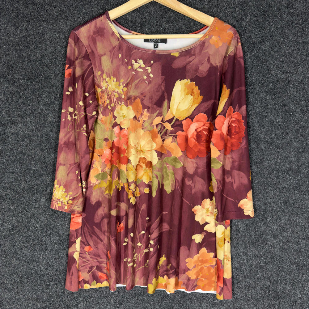 Lbisse Blouse Women M Medium Purple Floral 3/4 Sleeve Round Neck Casual Pullover